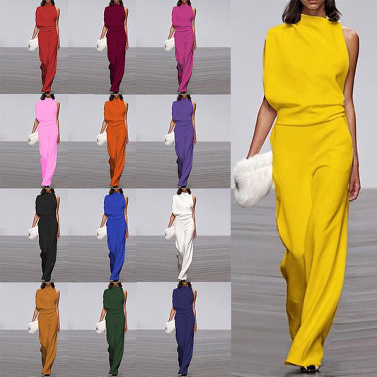Pants Color One Shoulder Pile Collar Jumpsuit Popular Dress Trousers