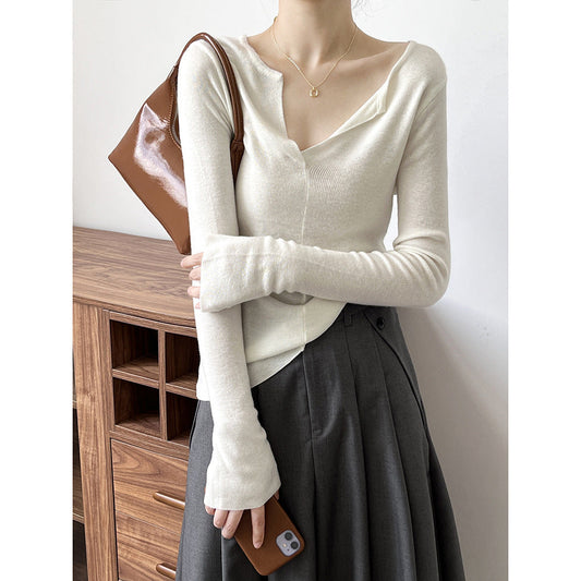 French V Neck Open Sweater Spring Inner Wear Slim Fit Long Sleeve Top