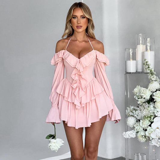 Clothing Autumn Halter Low Cut Ruffled Long Sleeve Romper