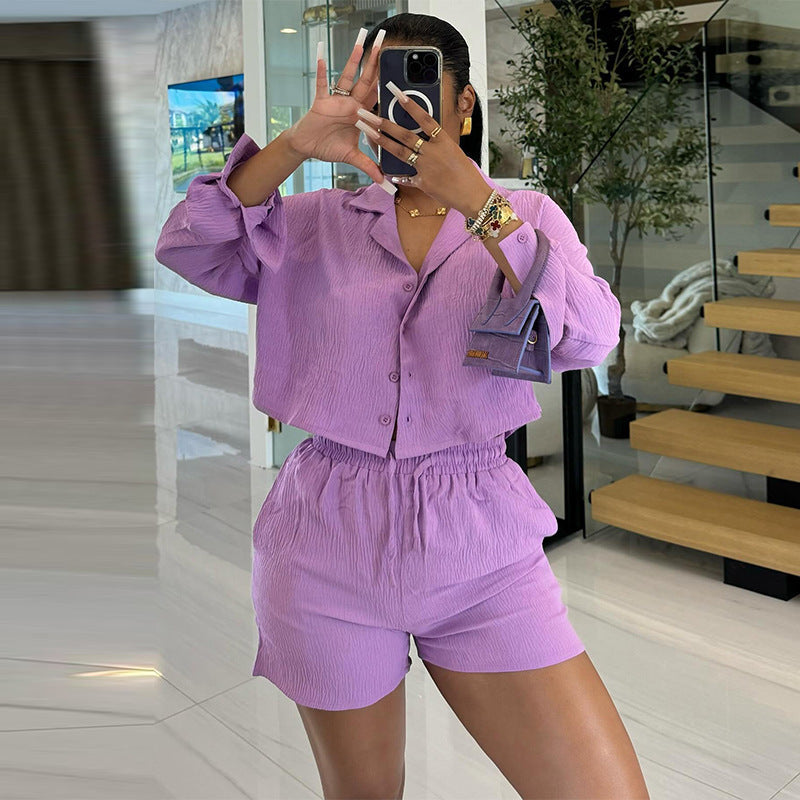 Clothing Summer Sweet Fresh Suit Collar Long Sleeve Shirt High Waist Drawstring Shorts Suit