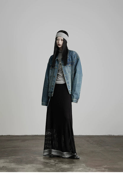 Irregular Color Block Dark Long Skirt
