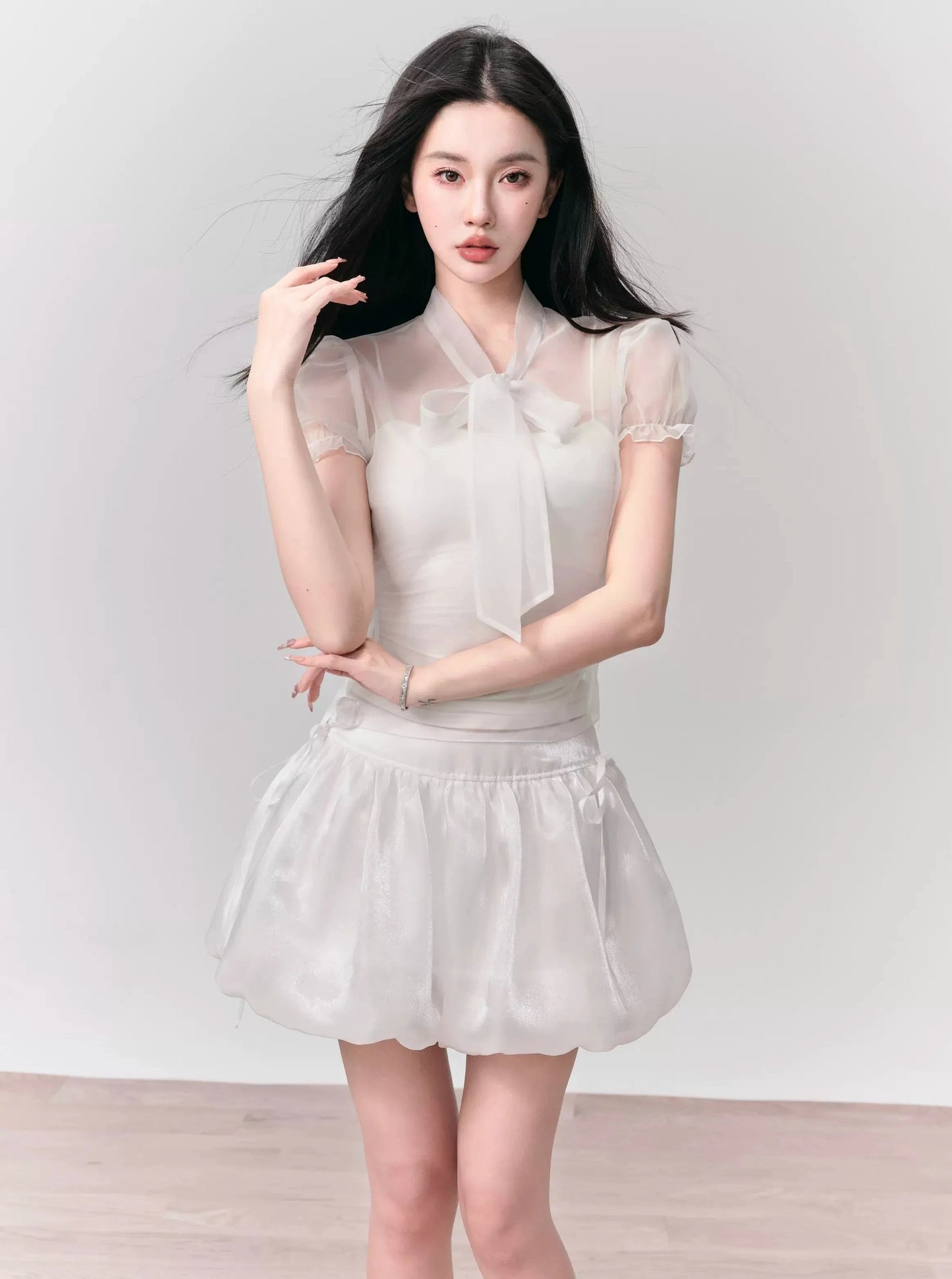 Ethereal White Summer Set: Puff-sleeve Crop Top & Scalloped Tie-side Mini Skirt