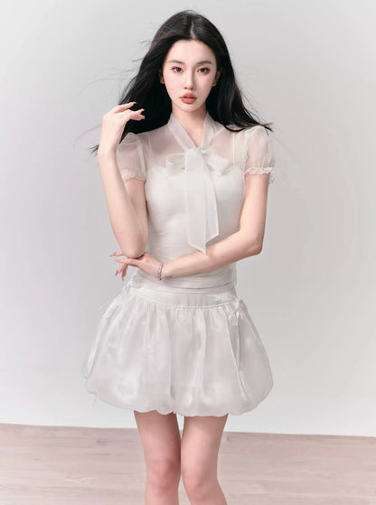 Ethereal White Summer Set: Puff-sleeve Crop Top & Scalloped Tie-side Mini Skirt