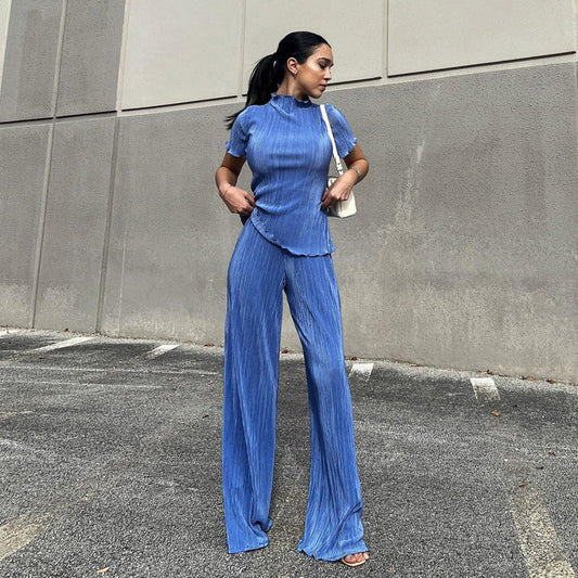 Spring Slimming T Shirt High Waist Blue Pleated Wide Leg Pants Clothing Suit