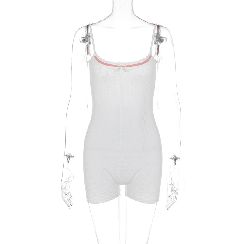 Clothing Color Slim-fit Girl Chest Patchwork Bow Backless Suspender Romper