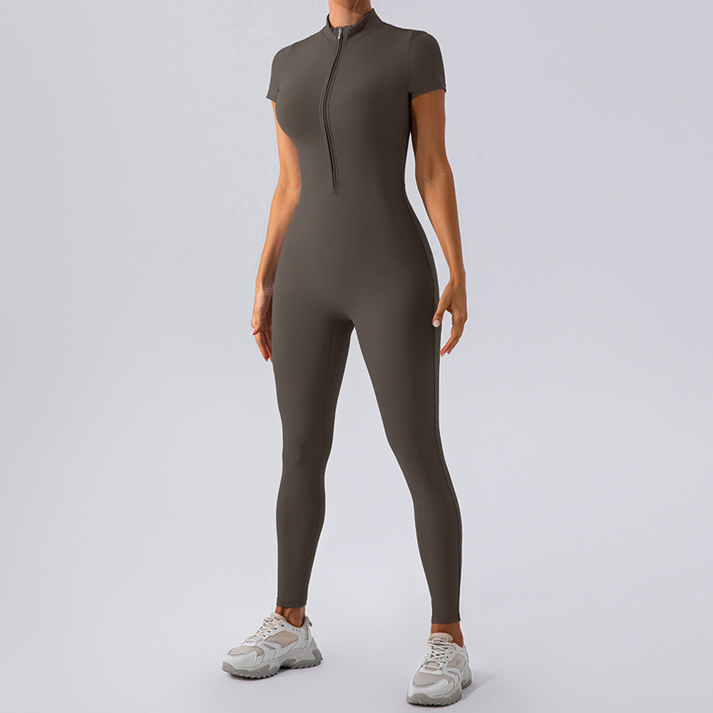 Zipper Short Sleeve Nude Feel Yoga Jumpsuit Outer Wear Workout Exercise Pants One Piece Tights