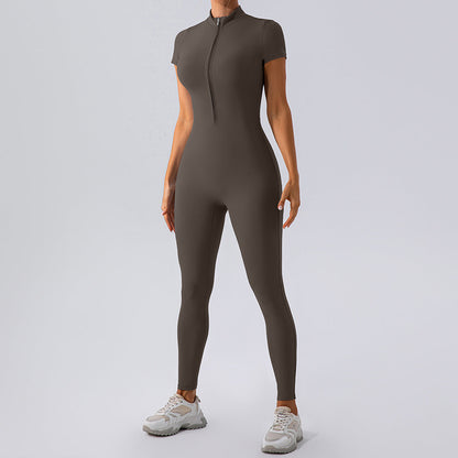 Zipper Short Sleeve Nude Feel Yoga Jumpsuit Outer Wear Workout Exercise Pants One Piece Tights