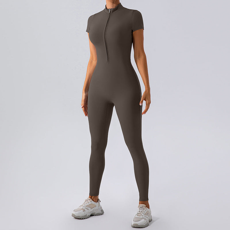 Zipper Short Sleeve Nude Feel Yoga Jumpsuit Outer Wear Workout Exercise Pants One Piece Tights