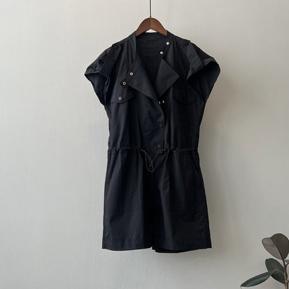 High Waist Drawstring Cargo Overalls Summer Stand Collar Flying Sleeves Shirt Romper
