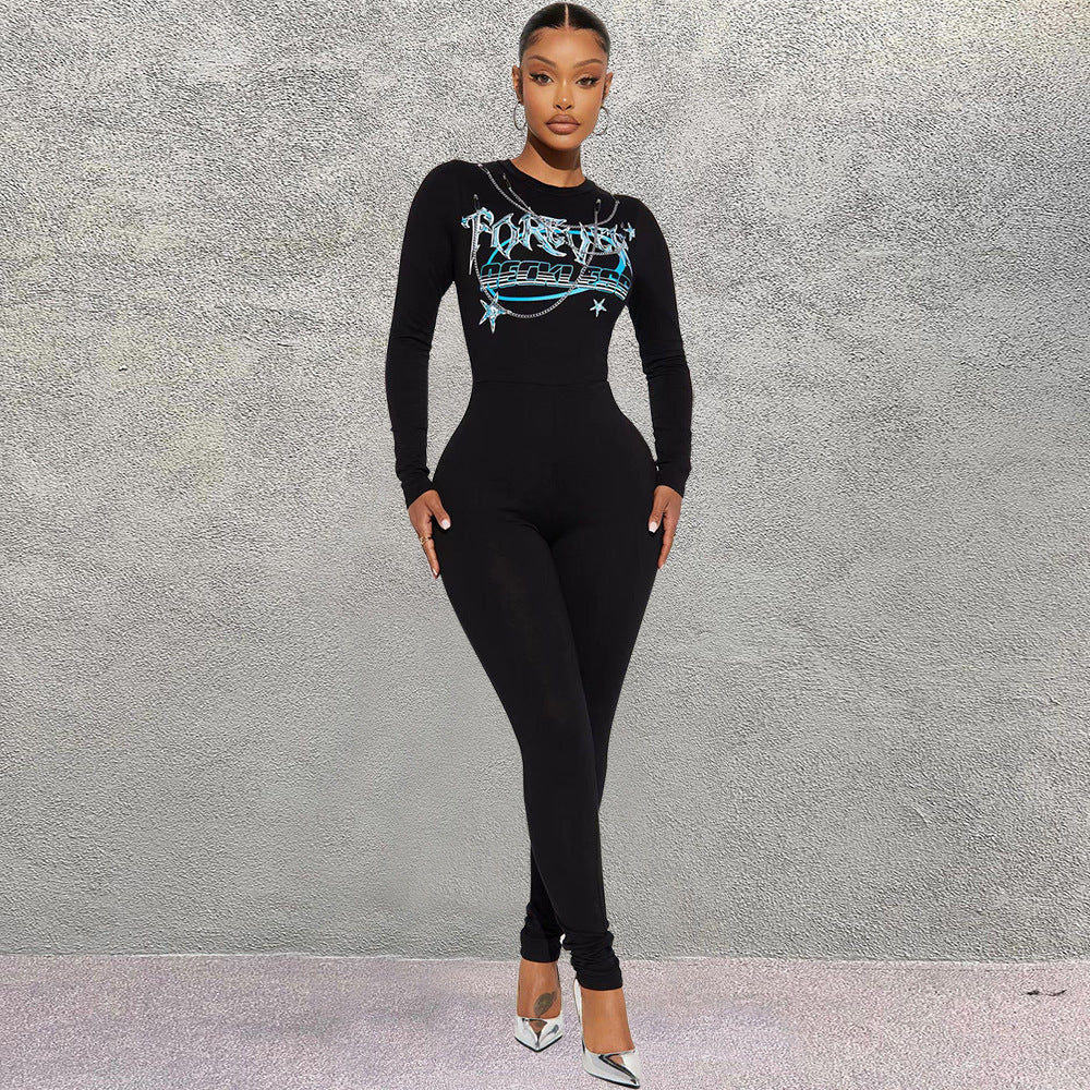 One Piece Clothing Print Round Neck Long Sleeve Stretchy Slim Fit Tight Jumpsuit