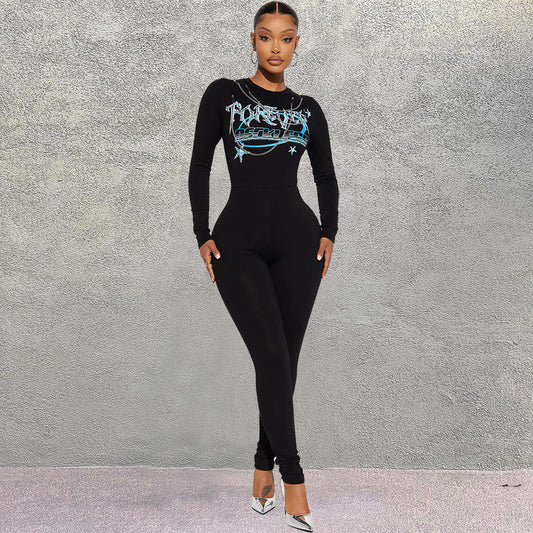 One Piece Clothing Print Round Neck Long Sleeve Stretchy Slim Fit Tight Jumpsuit