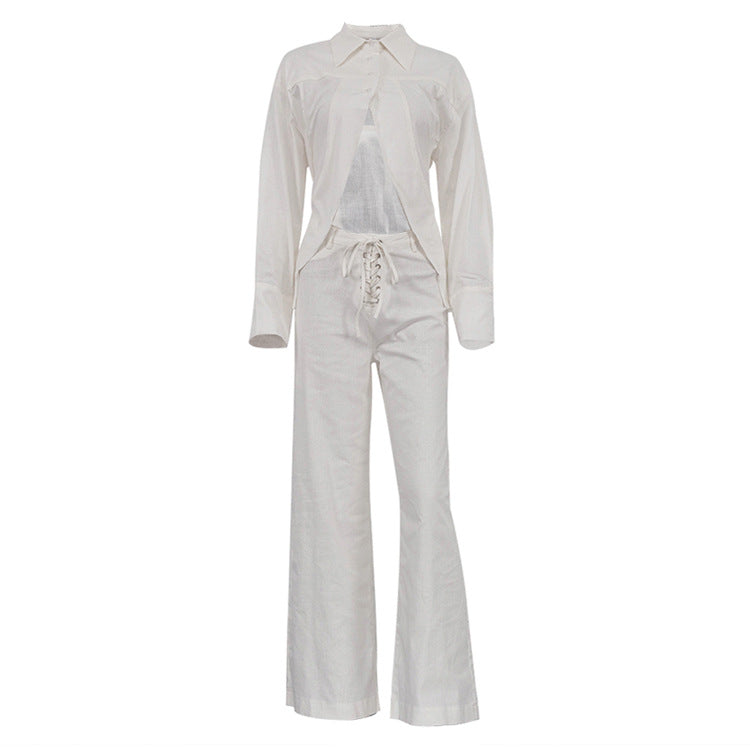 Collared Long Sleeves Cropped Design White Shirt Hollow Out Cutout Out Tied Wide Leg Pants Two Piece Set
