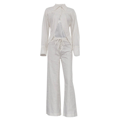 Collared Long Sleeves Cropped Design White Shirt Hollow Out Cutout Out Tied Wide Leg Pants Two Piece Set