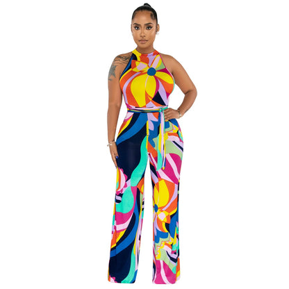 Summer Clothing Printed Sleeveless Lace Up Jumpsuit Trousers for