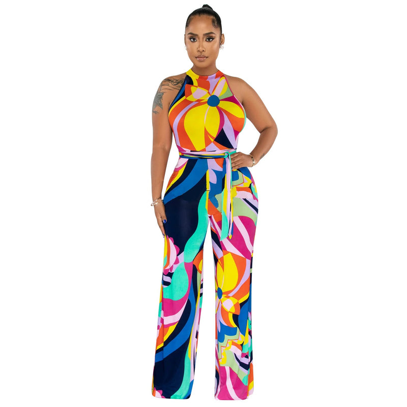 Summer Clothing Printed Sleeveless Lace Up Jumpsuit Trousers for
