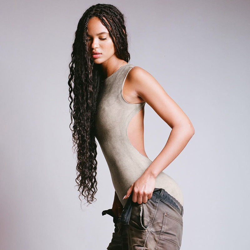 Suede Waste Soil Distressed Jumpsuit Backless Personality Street Romper