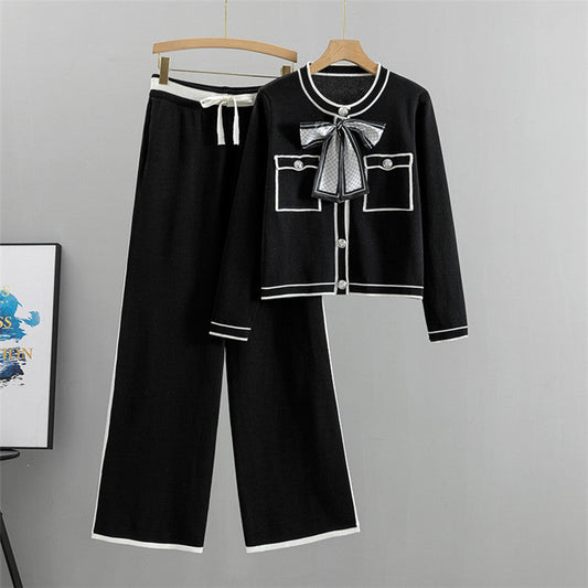 Black - Knitted Cardigan Two Piece Set