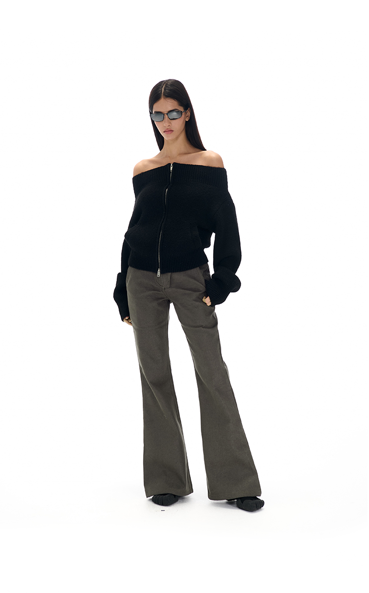 Off-the-shoulder Zipper Knit Cardigan