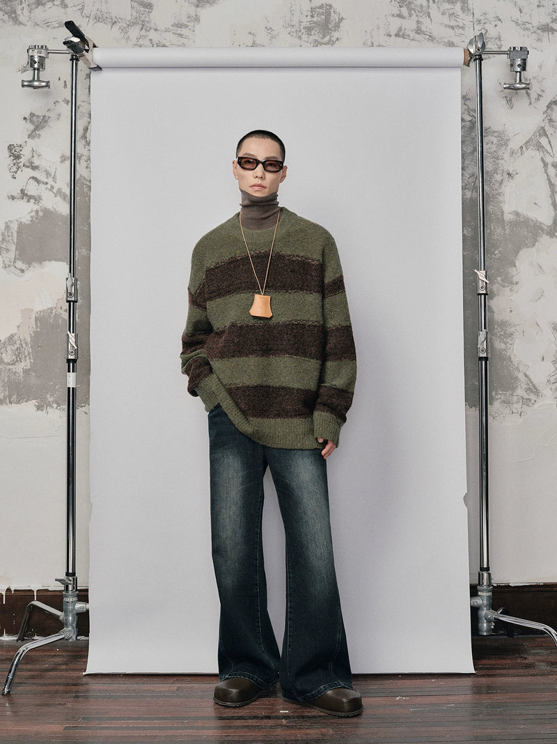 Irregular Wide-striped Oversized Round Neck Sweater