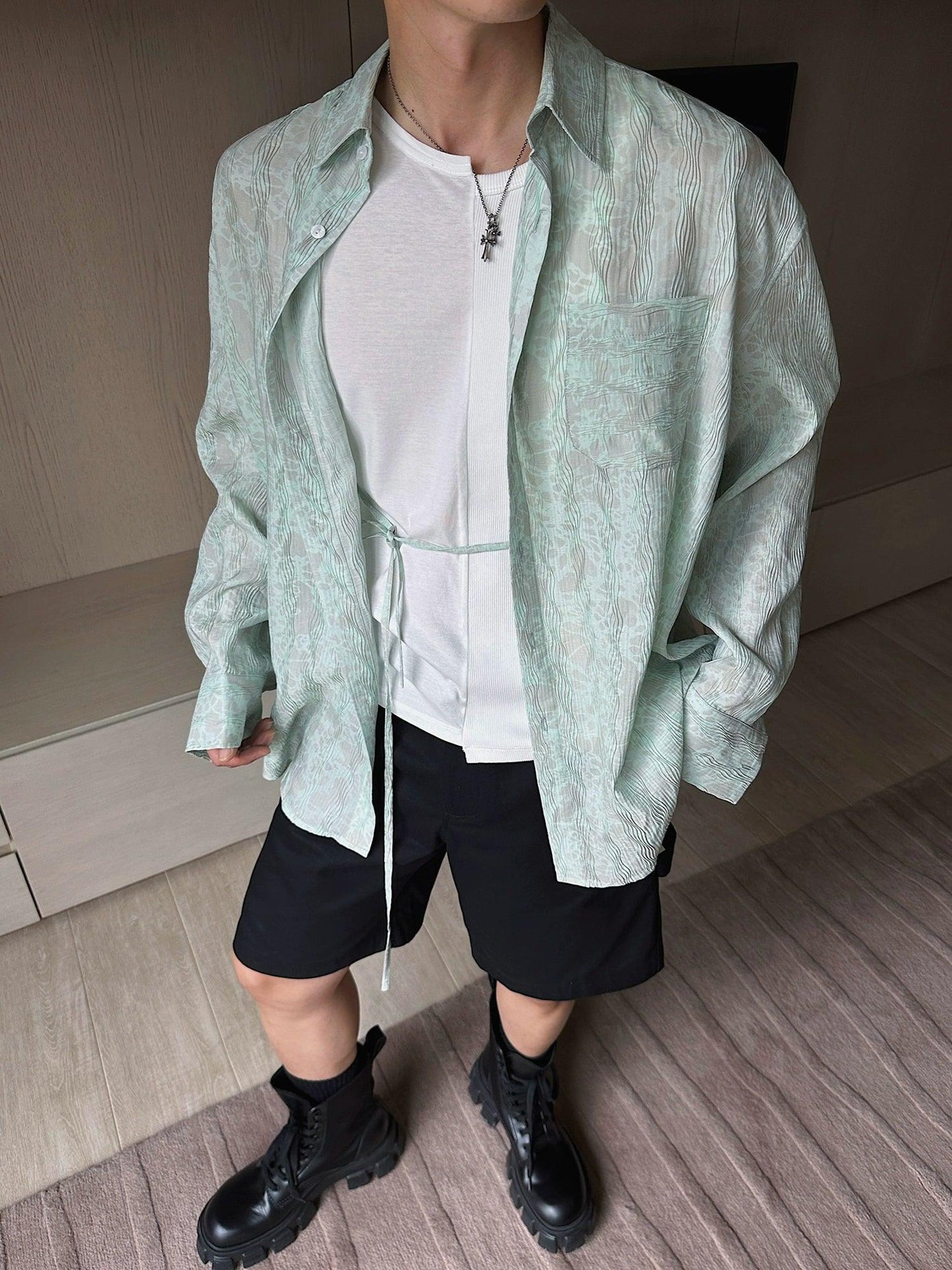 Weave Studio Mint Green Jacquard Oversized Shirt - Long Sleeve Button-up Blouse