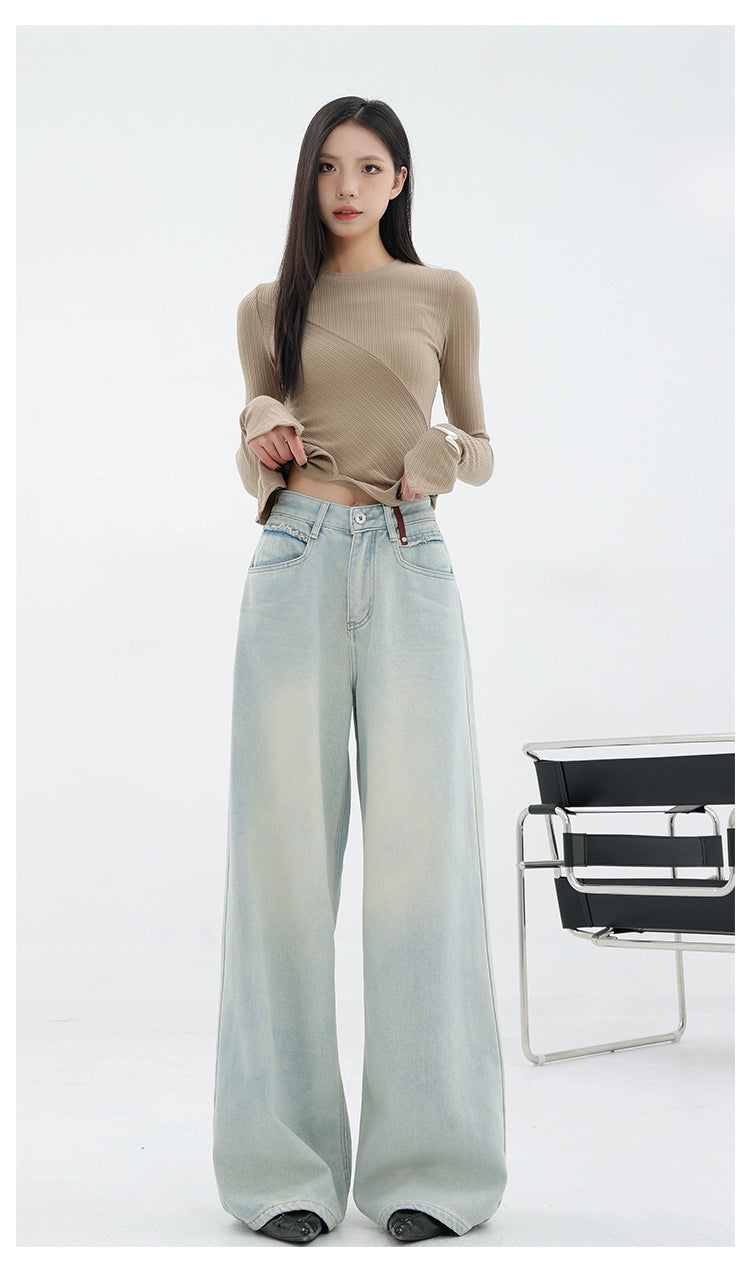 Light Blue Loose Straight Wide-leg Denim Pants With Embroidery Design