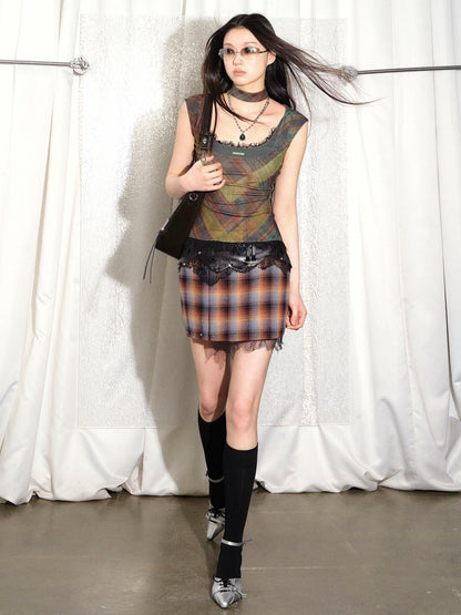 Of Akiva -inspired Plaid Camisole Top - Sleeveless Scoop Neck Blouse With Lace Trim and Matching Choker