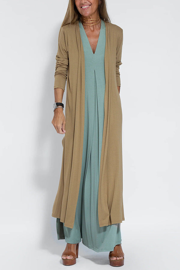 Color Pullover V Neck Dress Cardigan Coat Set