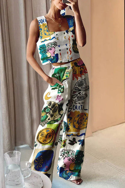 Printed Wide Leg Pants Vest Two Piece Set Amplified Craft