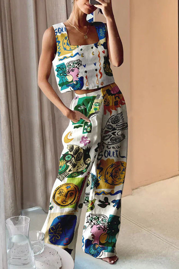 Printed Wide Leg Pants Vest Two Piece Set Amplified Craft