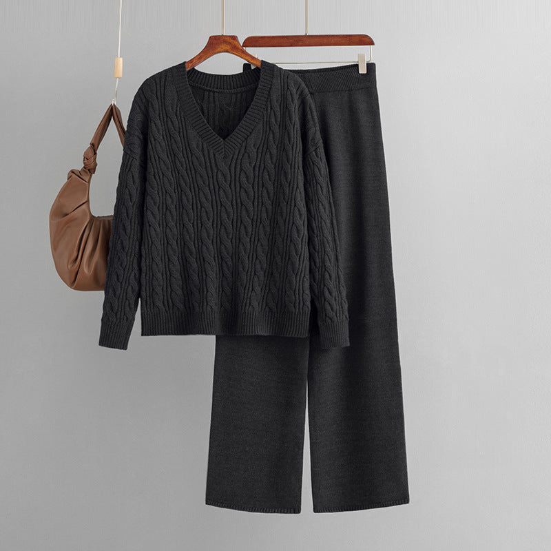 Fashionable Wide Leg Pants Sweaters Clothing Autumn Winter Two Piece Suit Twist V Neck Knitting Suit