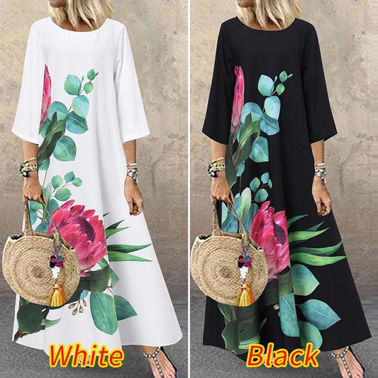 Mid-sleeve and Printed Long Dress