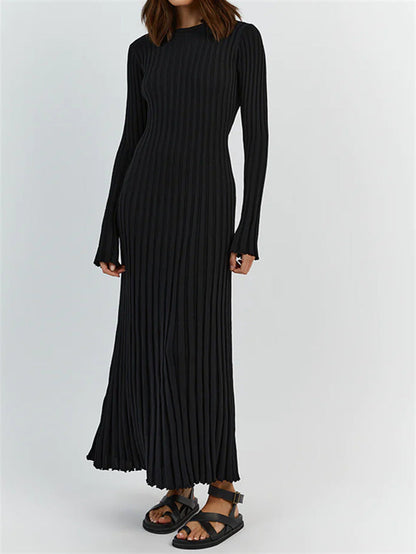 Long Sleeve Round Neck Tight Knitted Dress Autumn Sweater Dress Sunken Stripe Color Base Dress