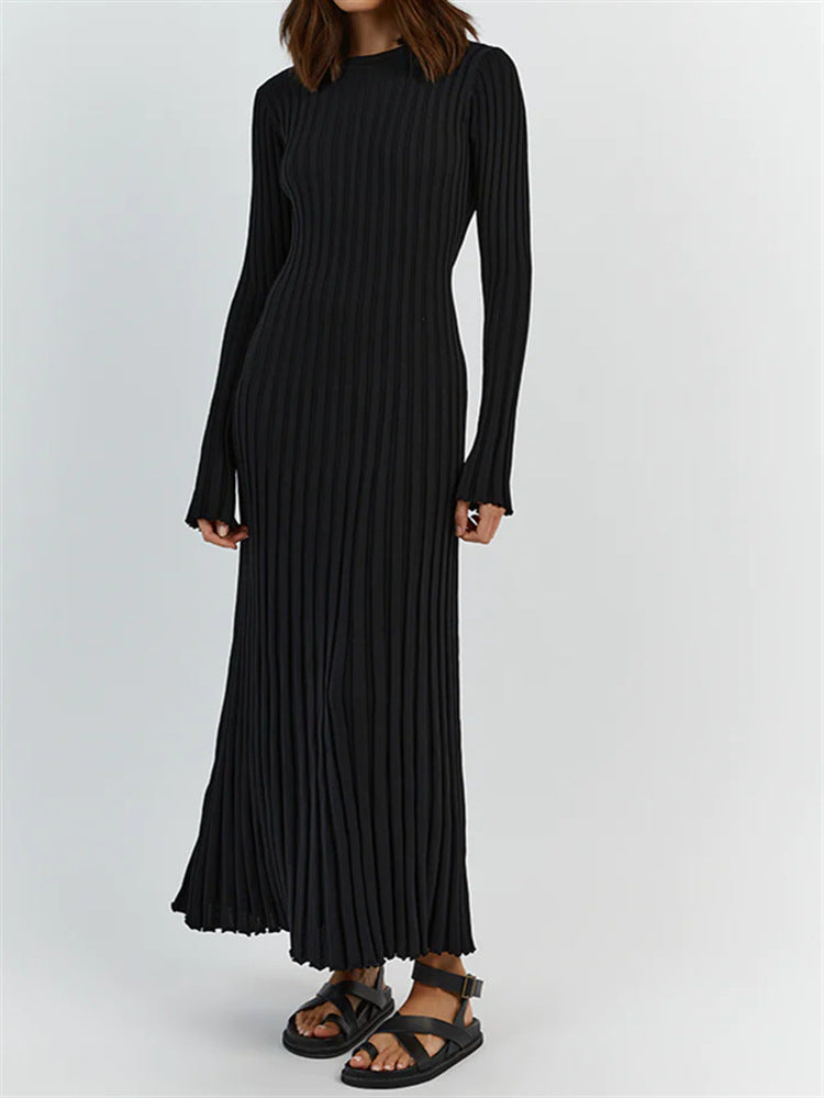 Long Sleeve Round Neck Tight Knitted Dress Autumn Sweater Dress Sunken Stripe Color Base Dress