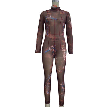 Printed Tight Jumpsuit Hip High Elastic Mesh Pants