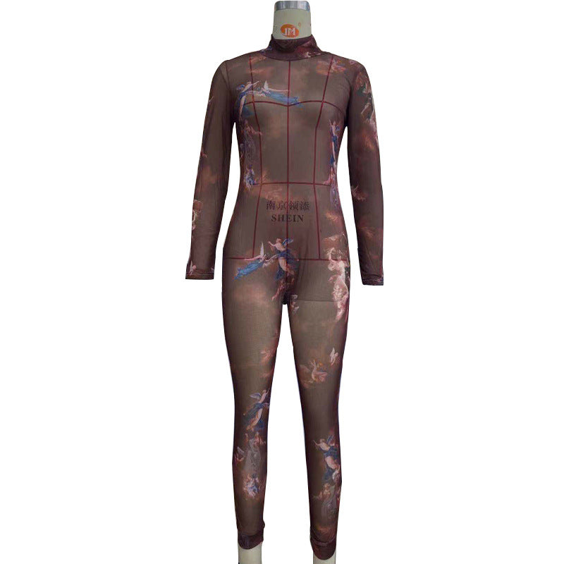 Printed Tight Jumpsuit Hip High Elastic Mesh Pants