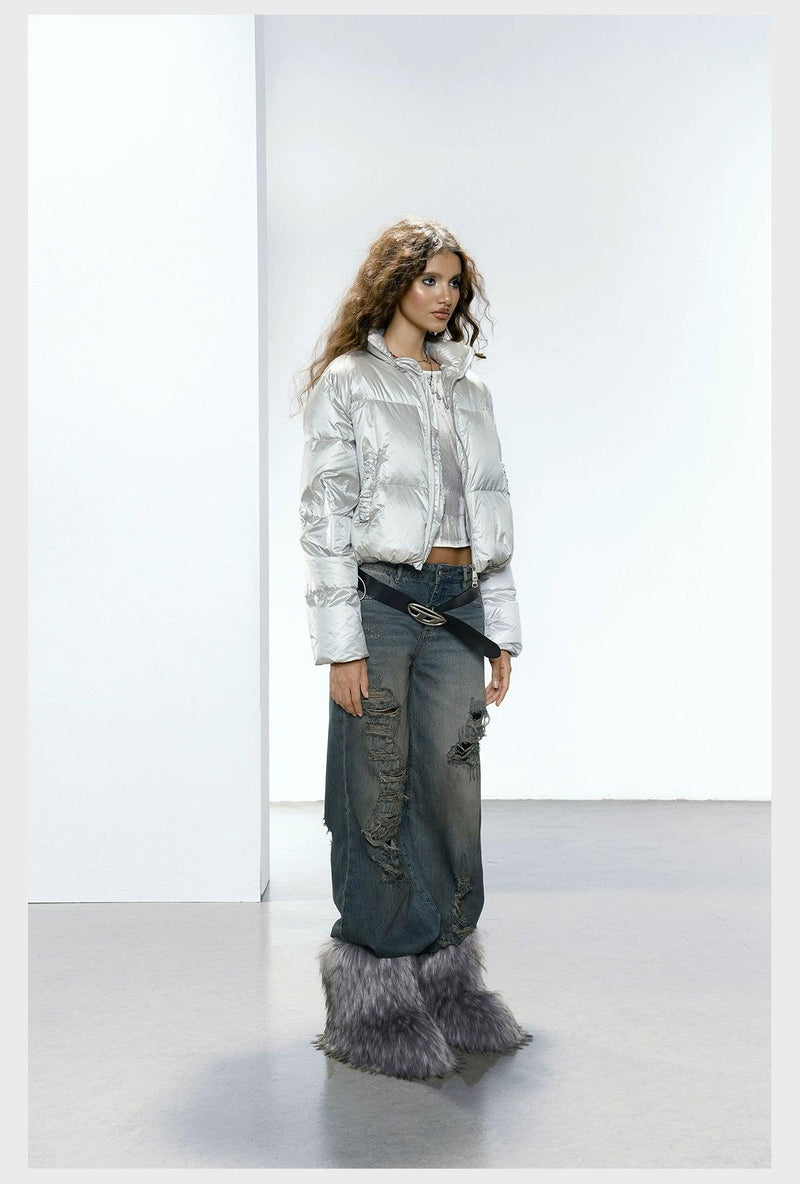 Strike a Pose Cropped Puffer Jacket - Pastel Quilted Down Coat With Zip Front and Ruched Pockets