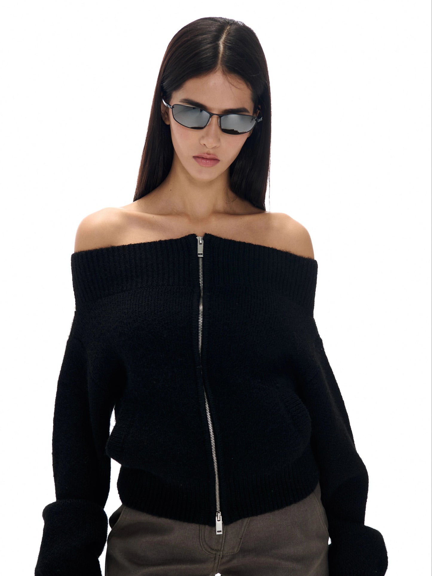 Off-the-shoulder Zipper Knit Cardigan