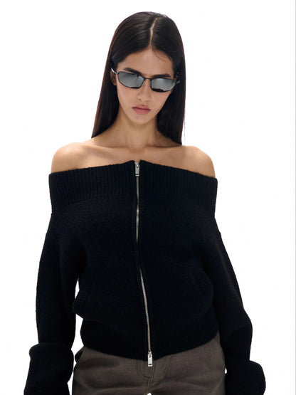 Off-the-shoulder Zipper Knit Cardigan