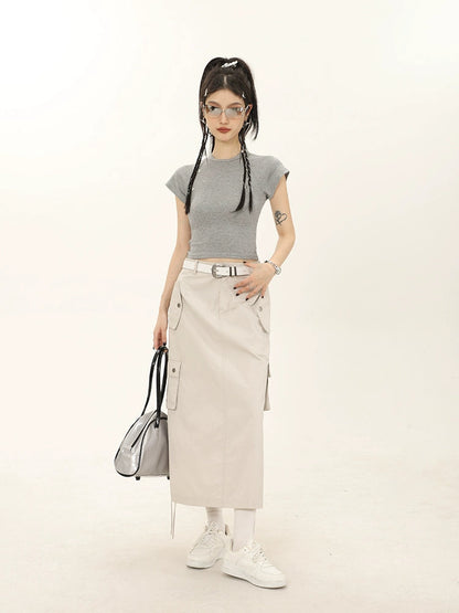 Crop Color Regular Shoulder Short Sleeve T-shirt