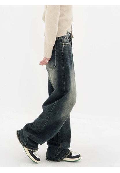 High Street Deep Blue Wide-leg Denim Pants