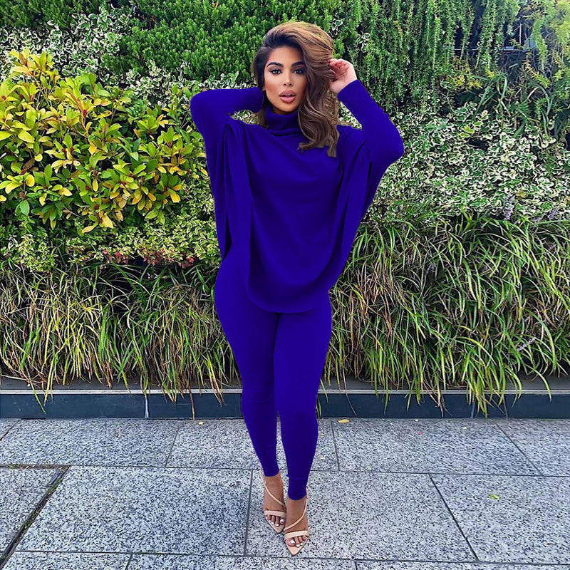 Winter Color Batwing Long Sleeve Two-piece Set Set
