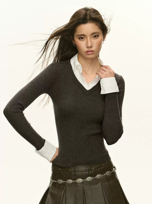 Layered V-neck Ribbed Sweater