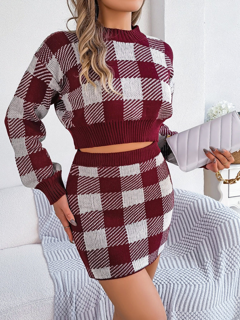 Autumn Winter Color Contrast Check Long Sleeves Cropped Sweater Sheath Skirt Set Clothing