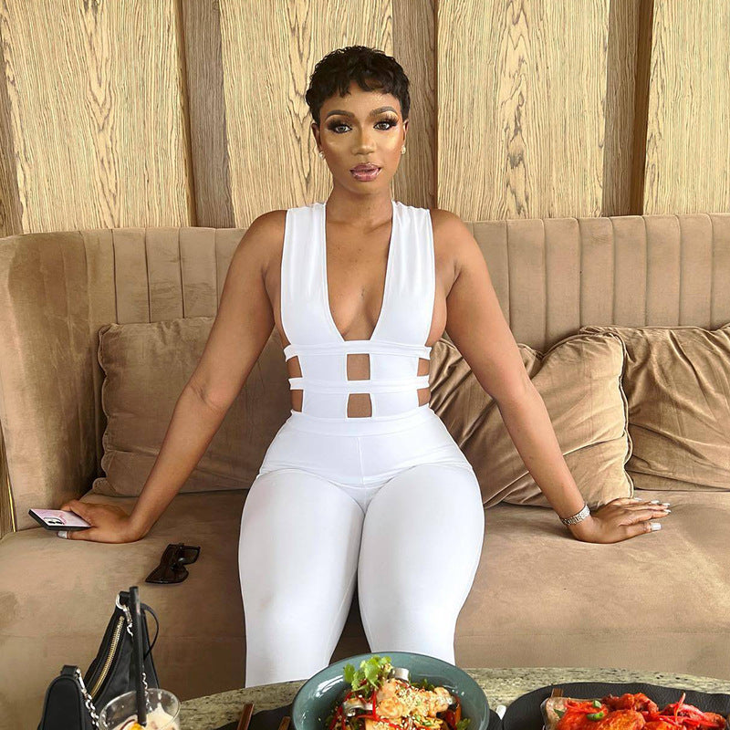 Summer Color Trousers Hollow Out Cutout Out Stitching High Waist Slimming Hip Raise Jumpsuit