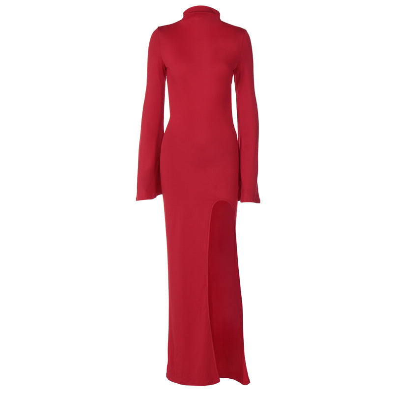 Spring Bell Sleeve Backless Slit Maxi Dress Slim Fit Dress