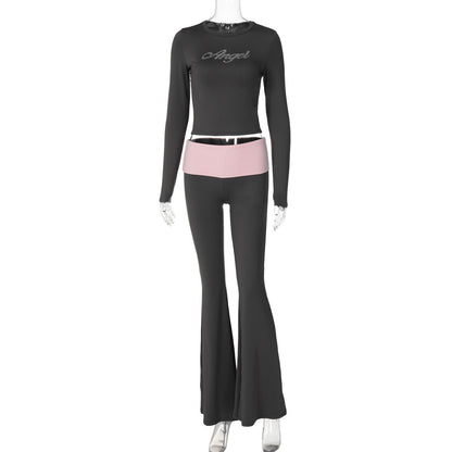 Clothing Autumn Contrast Color Round Neck Long Sleeve Bell Bottom Pants Two Piece Set Rhinestone Suit