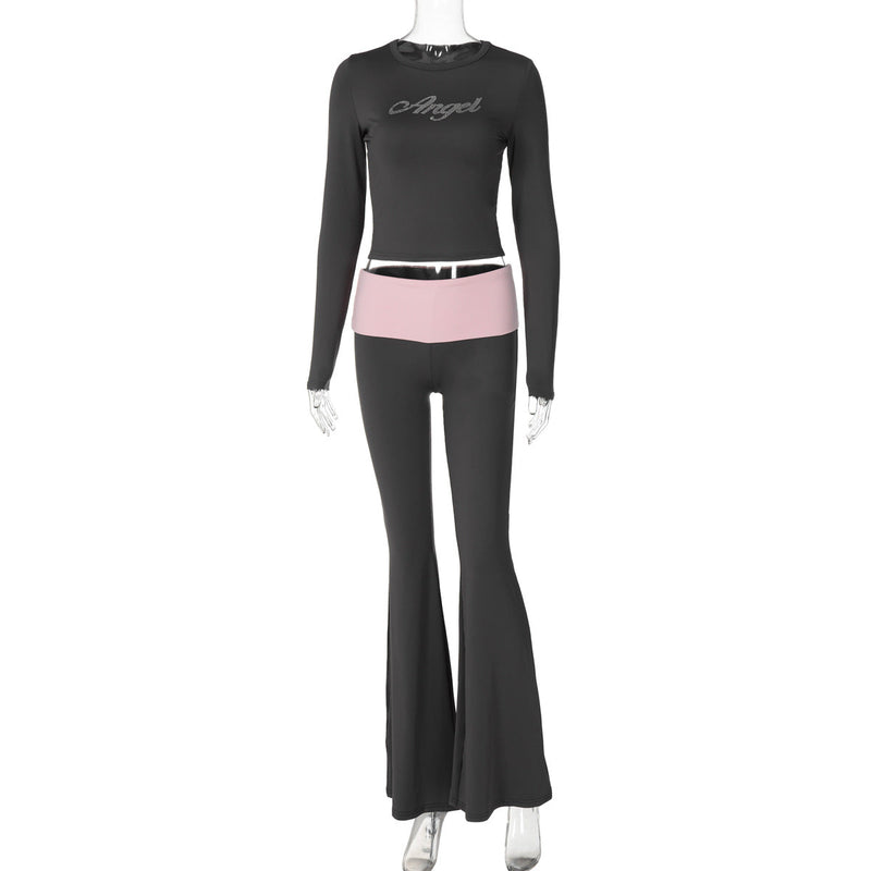 Clothing Autumn Contrast Color Round Neck Long Sleeve Bell Bottom Pants Two Piece Set Rhinestone Suit