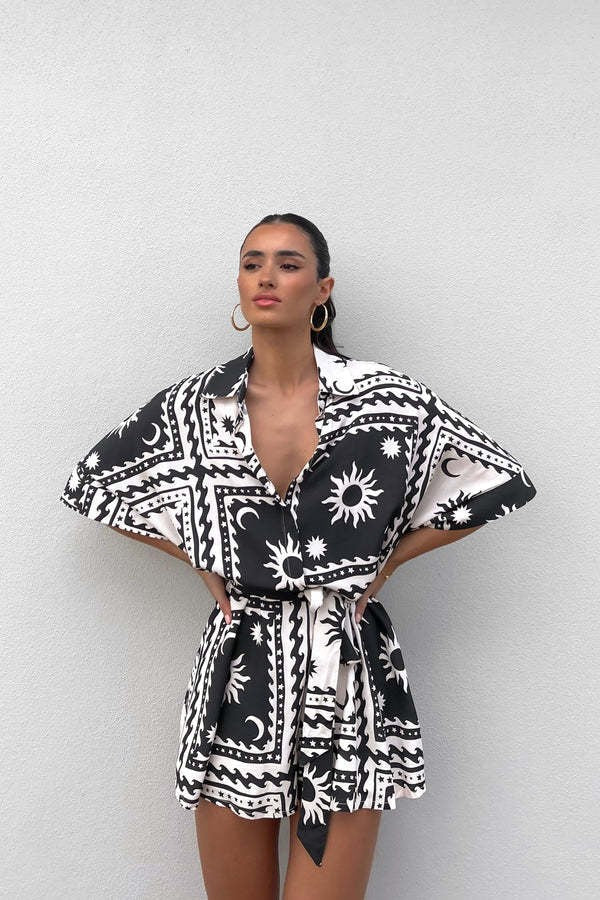 Summer Waist Controlled Lace Up Geometric Abstract Printed Jumpsuit Amplified Craft