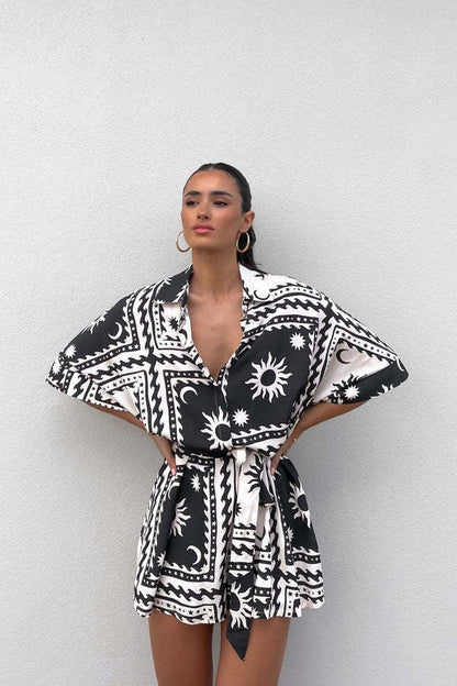 Summer Waist Controlled Lace Up Geometric Abstract Printed Jumpsuit Amplified Craft