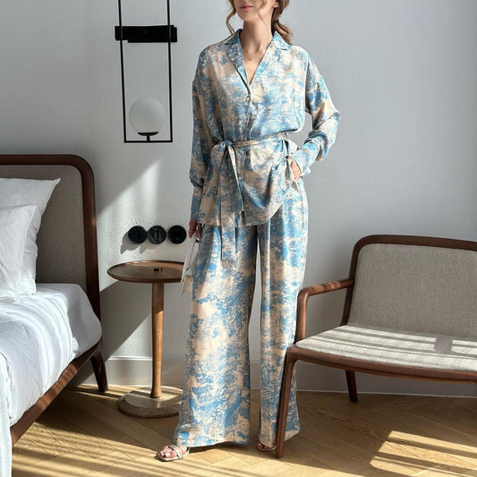 French Print Long Sleeve Lace Up Shirt High Waist Wide Leg Pants Sets
